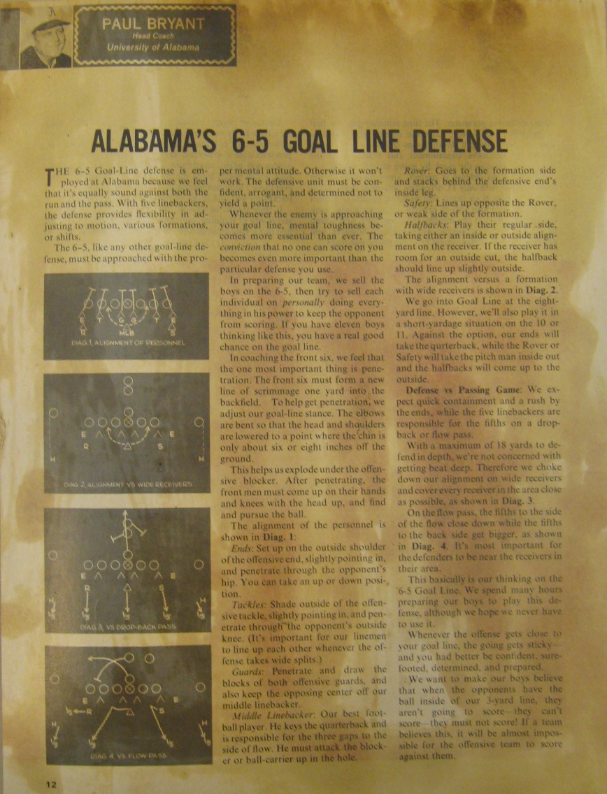 Bear Bryant’s 6-5 Goal Line Defense
